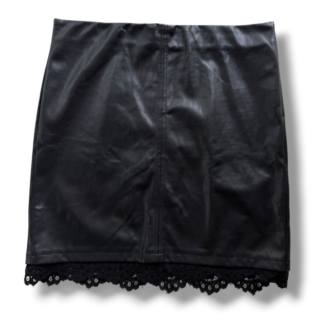 Street One Women 38 EU 12 GB Black Faux Leather Lace Trim Mini Skirt Mobwife Y2K